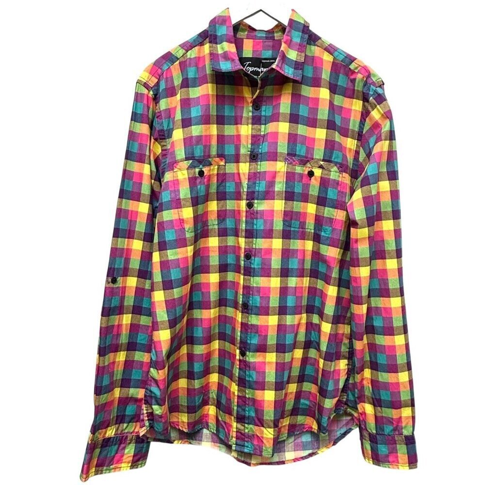 TOPMAN Mens Shirt Large Colorful Check Long Sleeve Button Up Cotton Modern